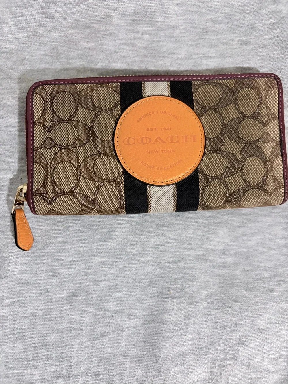 Coach Brown Signature Canvas Zip Wallet with Orange Patch and Black Stripe